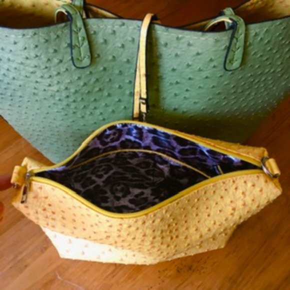 Reversible Tote Green Yellow Ostrich Convertible Shoulder Strap NWOT - Picture 7 of 9